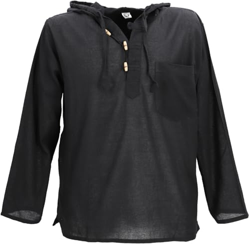 GURU SHOP Nepal Hemd, Goa Hippie Sweatshirt, Yogashirt, Schlupfhemd, Olive | Baumwolle, langärmlig, Kapuze, seitliche Eingriffstasche, Brusttasche, normaler Schnitt, bequem