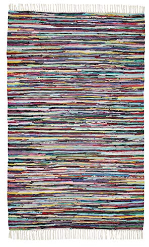 andiamo Boho Teppich Multi aus 100% Baumwolle - handgewebter Flickenteppich mit Fransen Fleckerlteppich Teppich bunt 90 x 160 cm