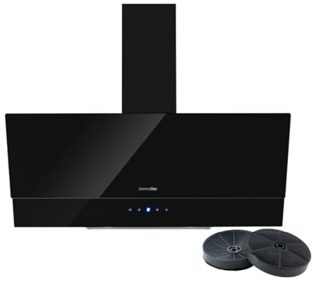 UNIVERSALBLUE Campana Extractora Cristal Negra 90cm | Extractor Humos y Aire Eléctrico para Cocina | Control Táctil | Ruido Reducido | Filtros de Carbono | Fácil Limpieza | Luz LED | Clase C
