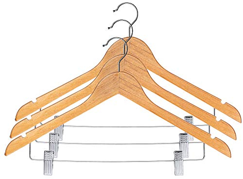 KADAX Kleiderbügel aus Holz, mit Klemmen aus Metall, Zwei Einkerbungen, 360°drehbarer Haken, Garderobenbügel für Kleidung, Hosen, Hemd, Rock, Anzug, Jackenbügel, rutschfest (3 Stück, Modell 2)