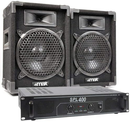 MAX8 DJ Lautsprecherset 400 Watt inklusive SPL400 Verstärker – 2X 8″ Passiv Boxen mit Bassreflex & Piezohorn, 35 mm Tophat, 2X 6,3 mm Klinke, Robustes Filzgehäuse, Party PA Anlage Komplettset
