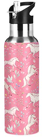 Stainless Steel Water Bottle with Straw, Watercolor Unicorn Insulated Drink Flask Sports Water Bottle for Kids Adults, Leakproof, 600ml