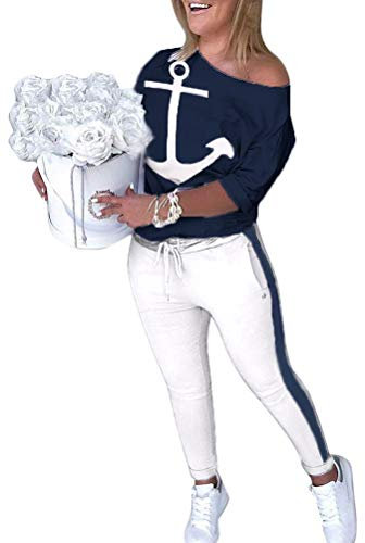 ORANDESIGNE Damen Mode 2 Stück Set Outfits Langarm Trägerlos T-Shirt +Reizvolle Bodycon Paket Hüfte Hosen Beiläufig Outfit Sport Bekleidung (44, A Blau)