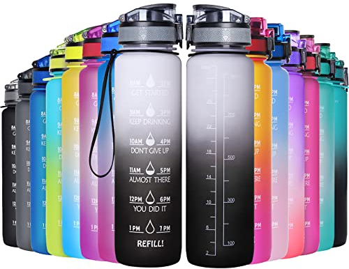 GeeRic Bottiglia Acqua 1 Litro, 1000ML Borraccia Sportiva Portatile Bottiglia Sportiva Scala/Cannuccia/Indicatore di Tempo Prova di Perdite Borraccia Bici 1L per Palestra,Scuola,Ciclismo Bianco/Nero