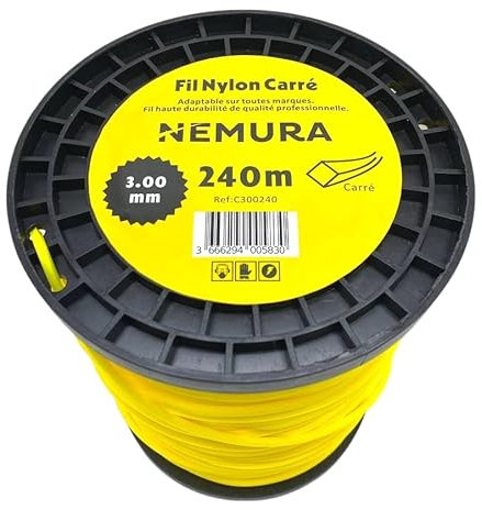 Nemura Fil Débroussailleuse Carré Ø: 3,00mm, L: 240m - Compatible avec d'autres Marques - Haute durabilité - Qualité Professionnelle - Marque Française