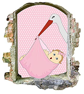 Wandtattoo - Baby Rosa Storch Vogel Kinderzimmer Wandaufkleber Schlafzimmer Mädchen Jungen Wohnzimmer 3D Aufkleber für die Wand - Wanddekoration - 80x125cm