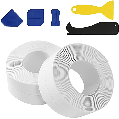 BAMZOK 2 Rolle Dichtungsband Selbstklebend Wasserdicht Dichtband Weichsockelleiste Selbstklebend Weiß mit 5 pcs Dichtungswerkzeug Wasserdichtes Fugen-klebeband für Küche Badezimmer Toilette Wandecke