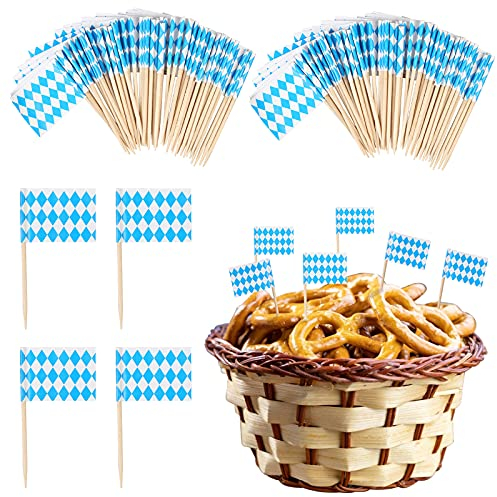DKINY 100 Stück Oktoberfest-Zahnstocher Flaggen Bayerische Dekoration Blau Weiß Bayern Fahne Cupcake Toppers Oktoberfestsdeko Holzpicker Bierfest Geschirr Party Zubehör für Cocktail Obst Snack Würste