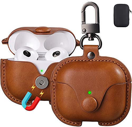 Maxjoy for AirPods 3 Case Leather, for AirPods 3rd Generation Case Cover Leather AirPod Gen 3 Protective Cover with Keychain Compatible with Apple AirPod Generation 3rd 2021, Brown