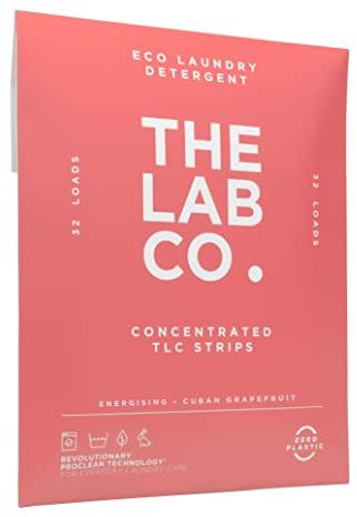 The Lab Co. Laundry Detergent Strips Sheets Eco Ultra-Concentrated Non-Bio Energising Fragrance Cuban Grapefruit for Hand and Machine Washing. For up to 32 Loads