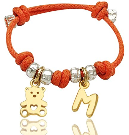 bracciale cordino colorato con ciondoli orsetto e lettera iniziale nome, in argento 925. Regalo bambino/bambina per nascita, battesimo, primi compleanni, comunione