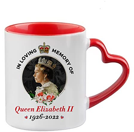 Giftme in Loving Memory of Queen Elizabeth II Majesty Coffee Tea Mug 11oz Heart Handle Ceramic Mug. (Red)