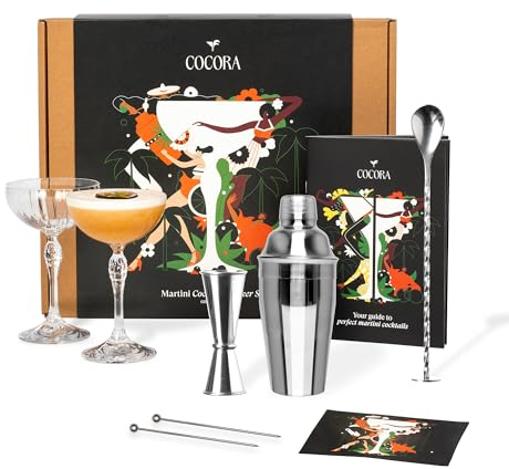 Cocora Set Martini | Set à Cocktail de 8 pièces | Shaker à Cocktail en Acier Inoxydable | Verres à Martini Coupés | Kit Barman | Livre de Cocktails (10+ Recettes) | Emballage Cadeau de Luxe (Argent)