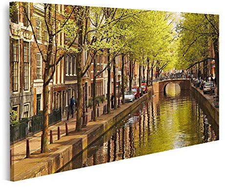 islandburner Bild auf Leinwand Amsterdam Kanal Holland Grün Innenstadt Wandbild Leinwandbild Bilder für Wohnzimmer GCWQ-1K