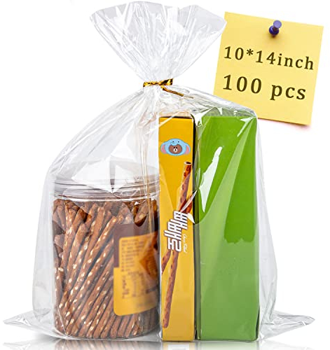 CUDICY Zellophanbeutel, groß, transparent, Partybeutel, transparent, mit Bändern, Kunststoff-Geschenkpapier, Verpackung für Kekse, Süßigkeiten (ohne Zwickel), 100 Stück, 25,4 x 35,6 cm