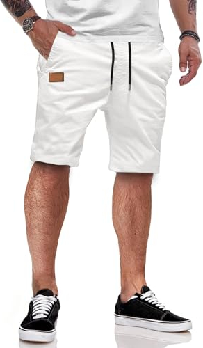 JMIERR Shorts Herren Sommer Freizeit Chino Stretch Baumwolle Elastische Taille mit Taschen Weiß M