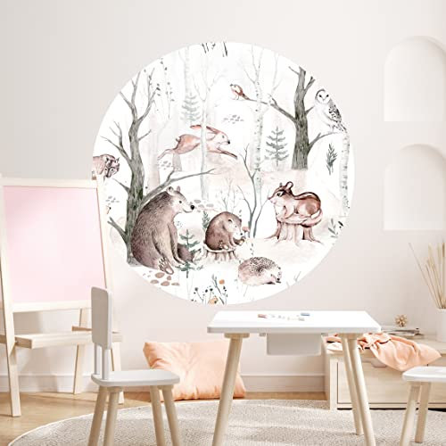 WANDKIND Waldtiere Wandtattoo Kinderzimmer RUND V428 | handgezeichnet | AUFKLEBER Kindergarten | Babyzimmer Wandsticker Wanddeko Dekoration Abenteuer im Wald (50 x 50 cm)