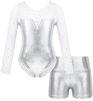 MSemis Kinder Gymnastik Trikot Mädchen Langarm Turnanzug Gymnastikanzug mit Shorts Glänzend Tanzbody Outfits Tanz Kostüme Silber 122-128