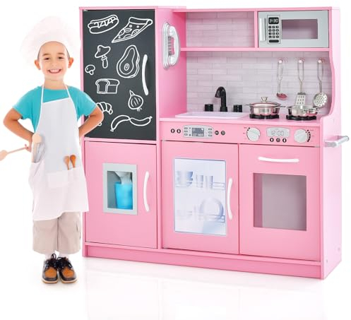 COSTWAY Set da Cucina per Bambini con Lavagna, Telefono, Microonde, Fabbricatore di Ghiaccio, Giocattolo da Cucina in Legno con Accessori e Suoni Simulati per Ragazzi di 3-6 Anni (Rosa)