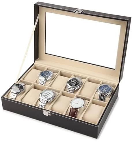 Uhrenbox mit 12 Fächern,Uhrenkasten mit Glasdeckel,Uhrenkoffer mit Herausnehmbaren Uhrenkissen,PU Leder und Samt Innenfutter Metallschließe,Uhrenbox Herren Schwarz (12 Fächern)