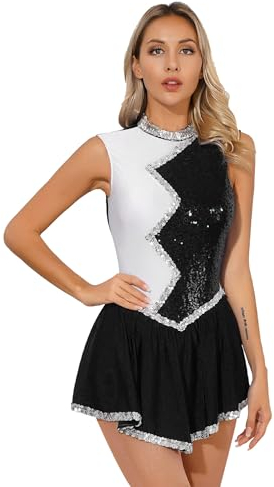 CHICTRY Kürkleider Eiskunstlauf Damen Ärmellos Ballettkleid Pailletten Glitzer Tanzbody Zweifarbig Patchwork Trikot Mit Wickelrock Dancewear Schwarz M