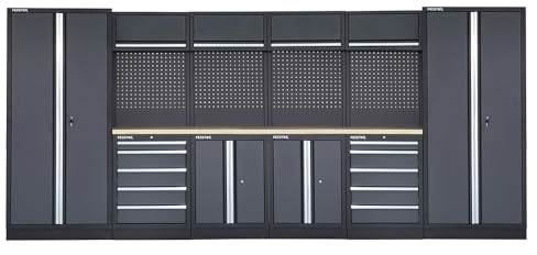 FEISTOS Werkstatteinrichtung 456x46x200 cm Schwarz inkl. Lochwand Werkbank | Die modulare Apollo-Serie trägt bis zu 50 kg pro Boden im Hochschrank und 35 kg je Schublade, abschließbare Fächer inklusive.