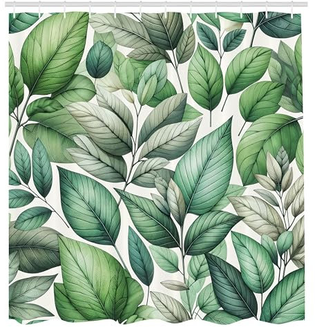 ABAKUHAUS Salbeigrün Duschvorhang, Exotisches Konzept Ansammlung von Blättern mit zarten Blütenstilen Traum vom Wald, Stoffliches Gewebe mit Haken, 175 x 200 cm, Meeresmousse Blasses Türkis Weiß