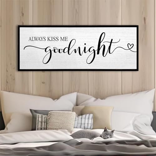 Wandschild Always Kiss Me Goodnight, Wanddekoration, 101,6 x 38,1 cm, für Hauptschlafzimmer über dem Bett, großer rustikaler Massivholzrahmen für Bauernhaus-Paare über dem Bett, Wandkunst-Dekoration
