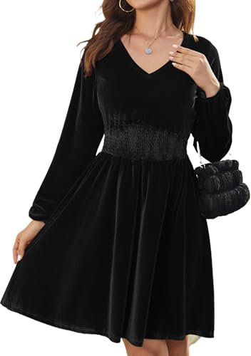 Zeagoo Robe De Cocktail Élégante en Velours pour Femme Manches Longues Col en V Taille Haute Robe De Bal Noir XS