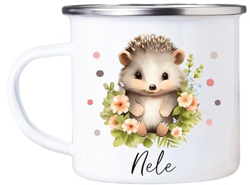 4youDesign Emaille Tasse Kinder personalisiert – Punkte Igel – Tier Namenstasse – Geschenk für Jungen & Mädchen – Bruchsicher & Leicht – Geschenkidee zur Einschulung & Geburtstag - 300ml