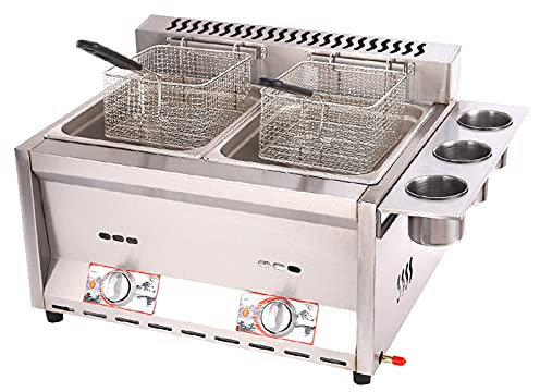 MAHNFEID Freidora a Gas Comercial Profesional, freidora de Acero Inoxidable, Control de Temperatura Independiente, Potencia de Fuego Ajustable, con cestas y Tapa, fácil de Limpiar