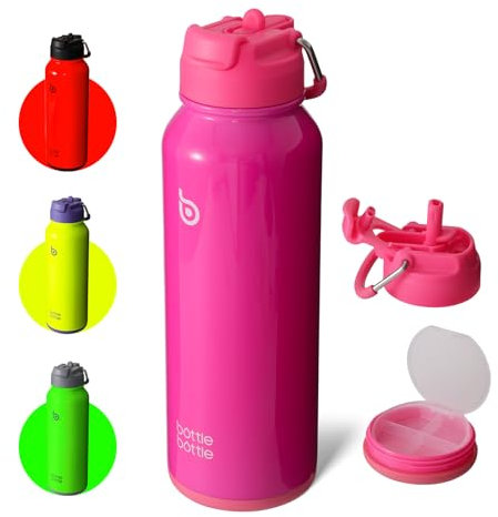BOTTLEBOTTLE 40 oz Sports Water Bottle with Straw, Pill Holder, Insulated, Stainless Steel, Hot Pink, 1183.64 ml, Modern, Reusable, Wide Mouth, Cylindrical, Sports, Outdoor, Camping, Hiking, Pet Care