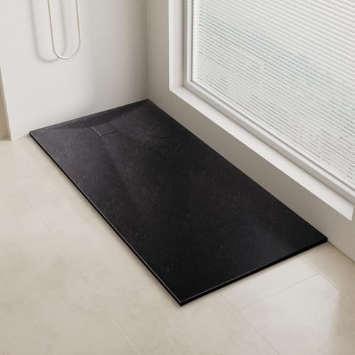 AQUARA 1400 x 800mm Shower Tray, Slate Effect SMC Slip-Resistance Shower Base with Waste & Resin Grid Cover. Stylish and Durable Black Trays for Shower Cubicle