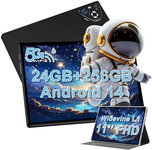 JUEDUR Tablet Android 14 Tablet 11 Pulgadas Tablets 256GB RAM+24 GB RAM (1TB TF), 8000 mAh / 13MP + 5MP / Widevine L1 / 5G Wi-Fi6 / Octa Core 2.0 GHz, Face ID,1280 x 800 HD/Funda - Negro