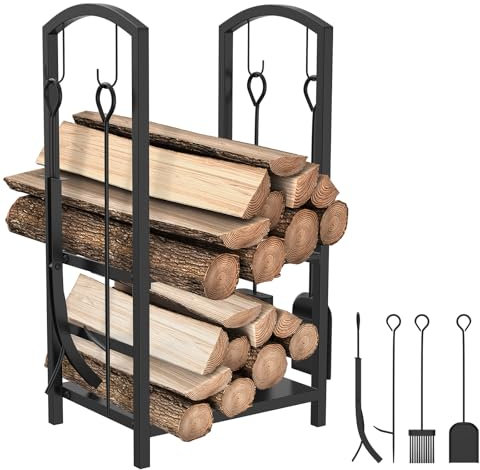 VA-Cerulean Scaffale per legna da ardere in metallo, 40 x 38 x 76 cm, con 4 attrezzi per camino, per interni a doppio strato, colore: nero
