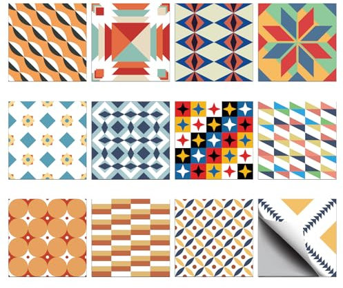 CHGCRAFT 36Pz 12 Stile Adesivi per Piastrelle 10x10cm Colorati Geometrici Piastrelle Adesivi Impermeabile Quadrati con modello di fiore per la cucina bagno camera da letto decorazione