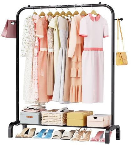 LOEFME Garderobenständer, 110 x 150 x 40 cm, Bodengarderobe, widerstandsfähig, maximale Tragkraft 20 kg, mit Schuhregal, einfach zu montieren (Schwarz)