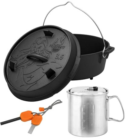 FEUERGOTT - Dutch Oven Set 3,5L mit Füßen - Gusseisentopf, Solo Stove Pot 900, Feueranzünder - Kompakt für Outdoor-Kochen, Camping, Feuerschale, Grillzubehör, BBQ