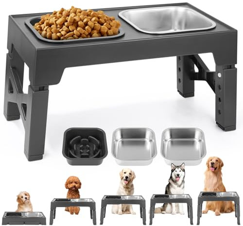 TIDEVAN Gamelle Surélevée avec Support pour Chien - 2 Bols Inox et 1 Anti-Glouton, 5 Hauteurs Réglables pour Petits, Moyens et Grands Chiens