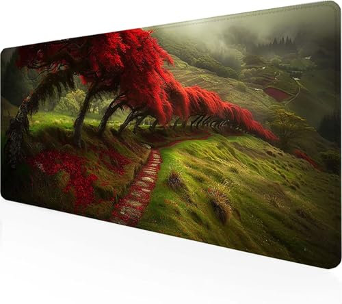 Mauspad Landschaft, Schreibtischunterlage Grün Gaming Mousepad XXL 600x300mm, WassXerdicht Anti-Rutsch Mousepad Computer Zubehör Vernähte Kanten Gaming Mauspad für Home Office Spiel, Geschenke X-P