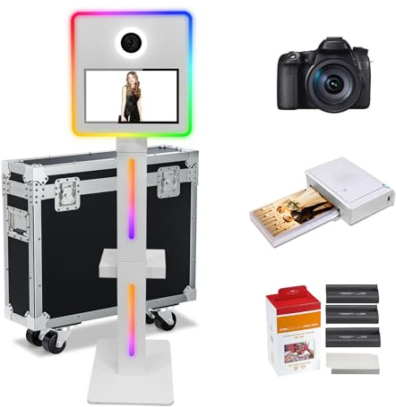 DSLR Photo Booth Machine 15.6 Zoll Selfie Portable Touchscreen Kamera Photobooth mit Flight Case,White Photo Booth mit RGB Licht für Hochzeit Party Events (White, 15.6 Inch+Camera+Mini Printer)