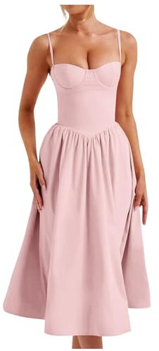 PAIDAXING Femmes Corset Robes UK Fashion Spaghetti Strap Sweetheart Neck Bustier Maxi Dress Trendy Ladies Summer Couleur unie Mariage invité Vacances Robe, rose, XL