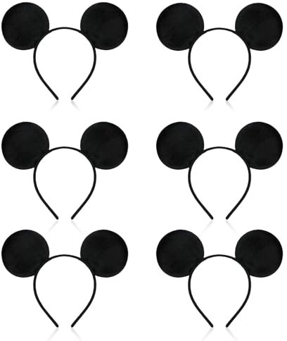 SAIIURV Lot de 6 bandeaux oreilles de souris noires pour adultes/enfants, ensemble de costume avec oreilles de souris de dessin animé, accessoires de fête d'anniversaire, accessoire de déguisement