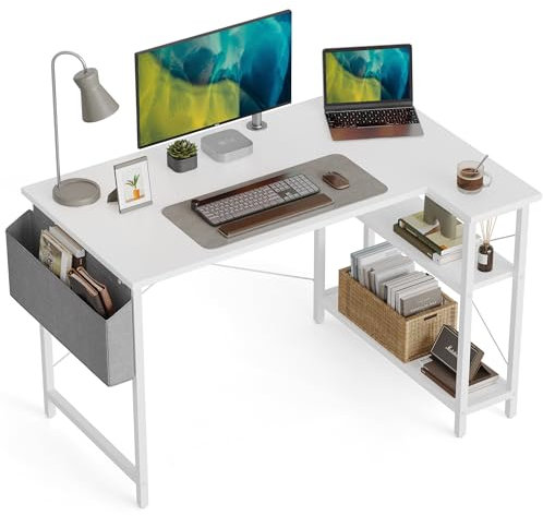 CubiCubi 140 cm Small L Shaped Computer Desk with Storage Shelves Home Office Corner Desk Study Writing Table, White