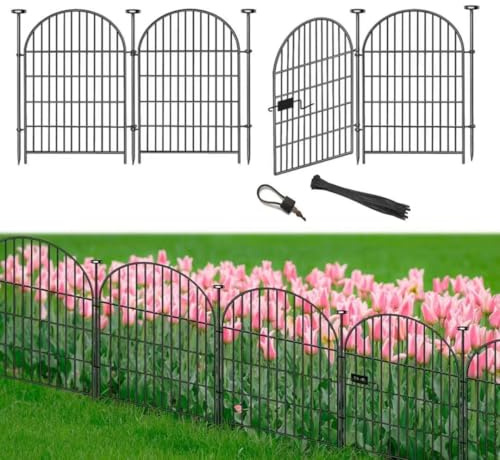 Okaygardn Gartenzaun-Bordüre 91,4 cm (H) x 2,5 m (L), 4 Paneele, Hundezaun für den Außenbereich, hoher Gartenzaun mit Tor, gewölbtes, rostfreies Metall, kein Grabzaun, Blumenbeetzaun