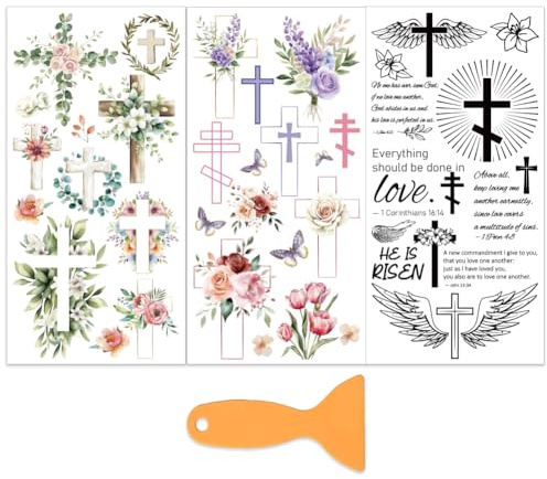 OLYCRAFT 3 Stück/Set Kreuz Blumen Transferfolien Zum Aufreiben Für Möbel Und Kunsthandwerk 15x30cm Große Möbelaufkleber Mit Bibeltext Deko Transferaufkleber Mit Segen Und 1 Teiligem Schaber