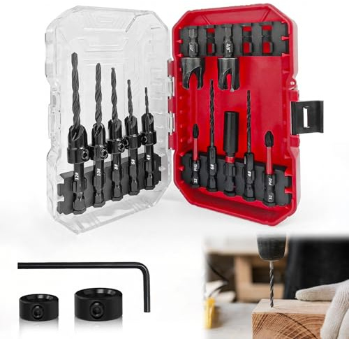 Lot de 15 forets fraisés avec 2 forets à bois 1/4 tige hexagonale à changement rapide avec boîte de rangement pour un travail précis du bois