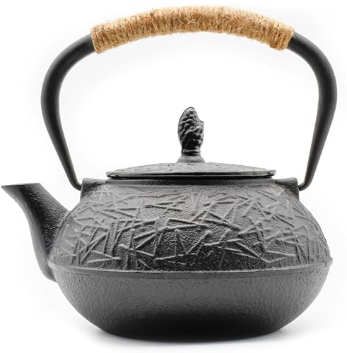 Zen Minded Traditional Japanese Cast Iron Tetsubin Stovetop Teakettle Teapot with Stainless-Steel Mesh Loose-Leaf Filter for Green Tea & Infusions 800ml Pine Pattern - Black