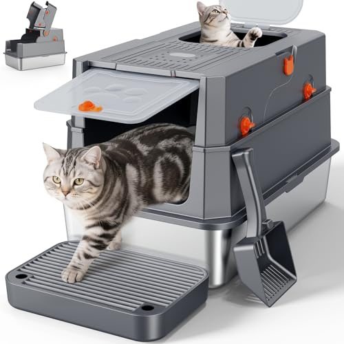 MIXJOY Edelstahl Katzenklo XXL mit Deckel, Katzentoilette Edelstahl Zwei-Tür-Konfiguration, Geschlossenes Katzenklo mit Schaufel, Leicht zu Reinigen, Geeignet für große/mehrere Katzen, Dunkelgrau