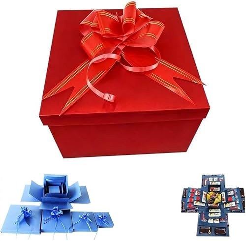Überraschung Box, 2025 Neu DIY Explosionsbox, 5-Lagige Explosionsbox Geburtstag Mit Band Kreative DIY Geschenkbox Surprise Box für Weihnachten Geburtstag Jubiläum Valentinstag (Rot)